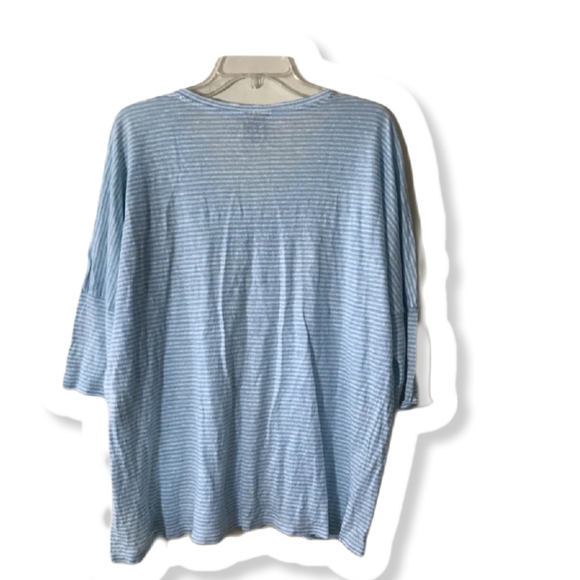 Chico’s size 1 Light Blue & white striped 3/4 sleeve V-neck Linen Shirt - Picture 5 of 10